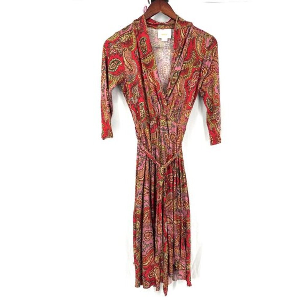 Maeve Anthropologie paisley fit & flare belted pink red stretch dress S‎ READ